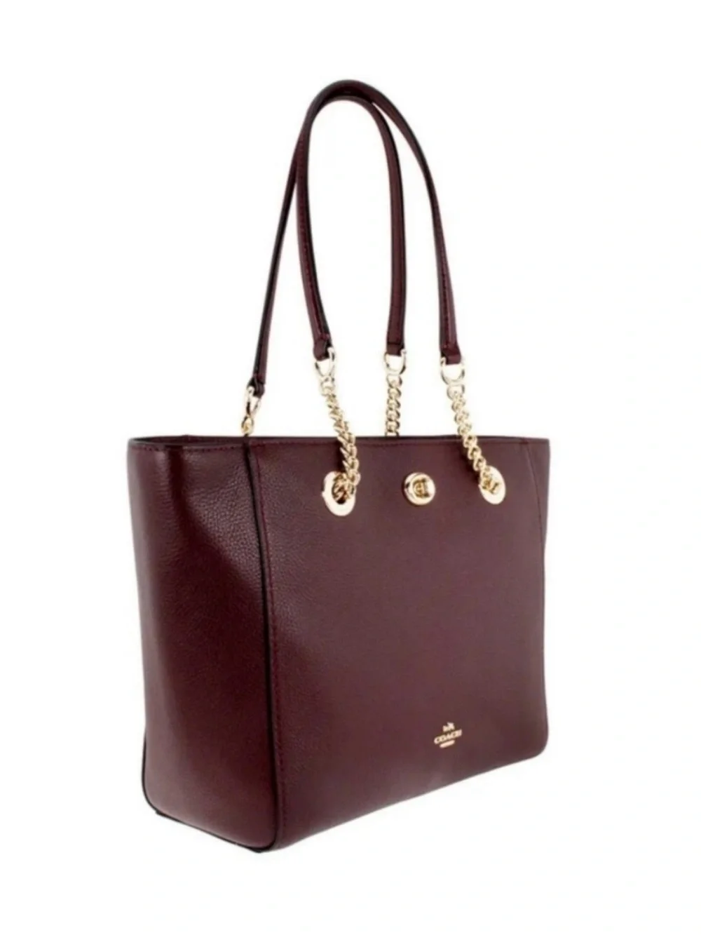 Coach Turnlock Chain Tote Bag Oxblood Leather maroon gold